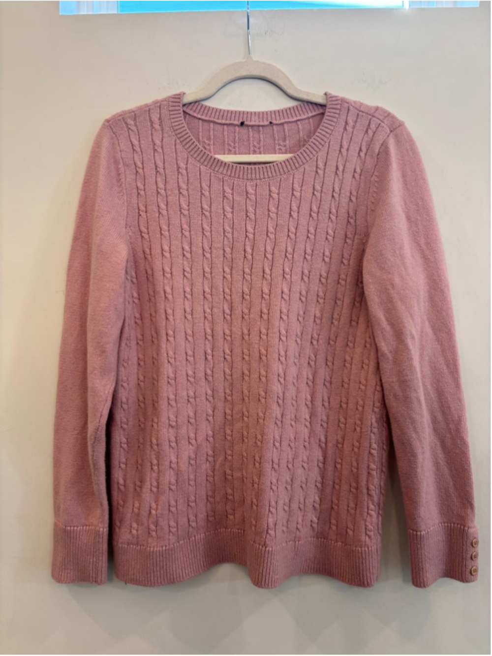 Talbots Pink Cable Knit Sweater Womens Size Large Crew Neck Button n80